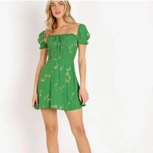 Faithfull The Brand Revolve Anthro Green Cap Sleeve Smocked Floral Mini Size S